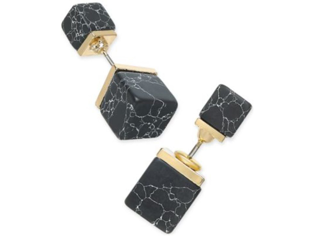 Inspired Life Gold-Tone Black Stone Cube Front and Back Earrings