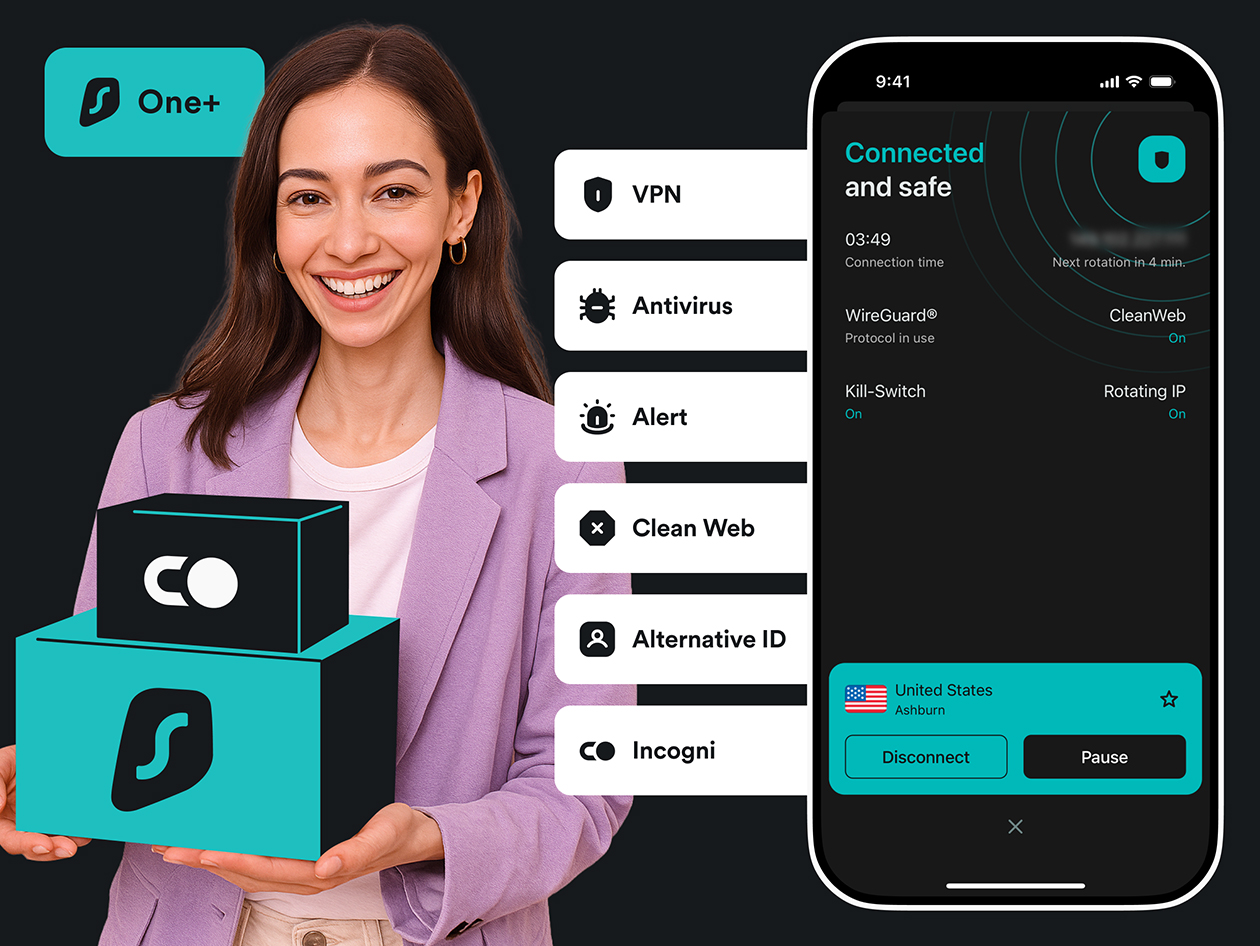 Surfshark One+ Plan with Incogni: 2-Year VPN, Antivirus & Personal Data Removal