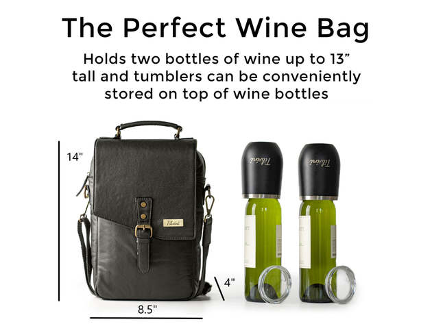 Black Insulated Genuine Leather Wine Carrier Bag & 2 Wine Tumblers. Wine Cooler Bag For Women & Men