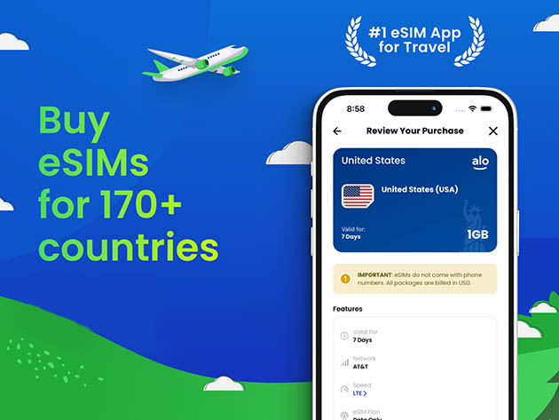 aloSIM Traveler's Lifetime eSIM Plus Mobile Data Plan: Pay $24.99 for $50 Credit