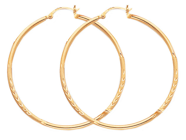 Large Satin and Diamond Cut Hoop Earrings in 14K Yellow Gold 2 Inch (3.00 mm)