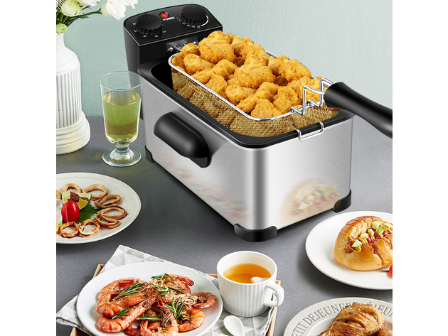 3.2 Quart Electric Deep Fryer 1700W Stainless Steel Timer Frying Basket - Black + Silver