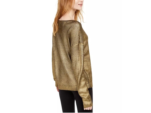 INC International Concepts Women's Metallic Pointelle Sweater Gold Size Large