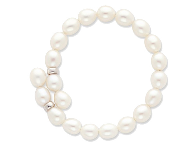 7-8mm White Freshwater Cultured Rice Pearl Flexible Cuff Bracelet