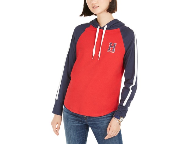 Tommy Hilfiger Women's Sport Colorblocked Logo Hoodie Red Size Extra Large