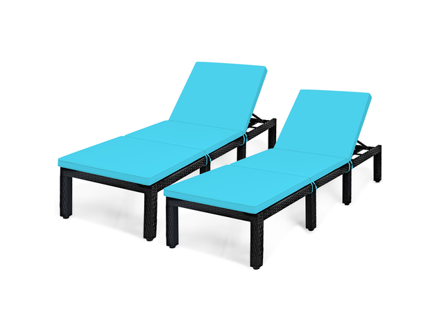 Kinsuite 2 Piece Poolside Lounge Chairs with Wheels Rattan Wicker Chaise Reclining Adjustable Outdoor Patio Furniture Blue 