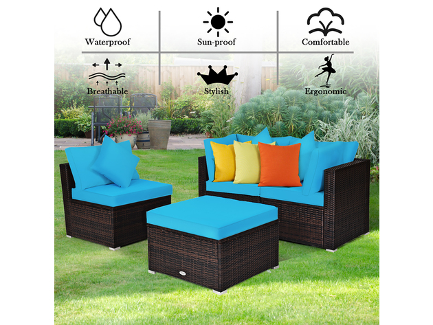 Costway 4 Piece Patio Rattan Wicker Furniture Set Cushioned Sofa Ottoman Garden - Turquoise