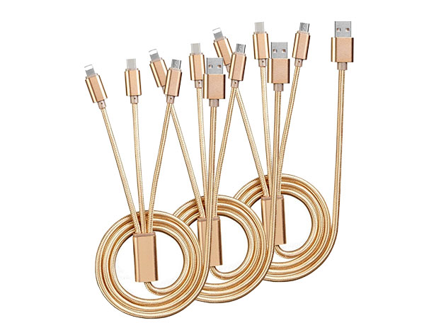 3-in-1 USB-C, Lightning, MicroUSB Cables: 3-Pack (Gold)