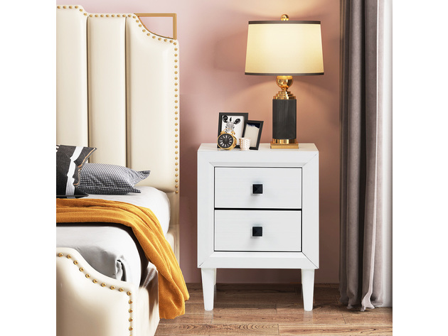 Costway Nightstand End Bedside Coffee Table Wooden Leg Storage Drawers - White