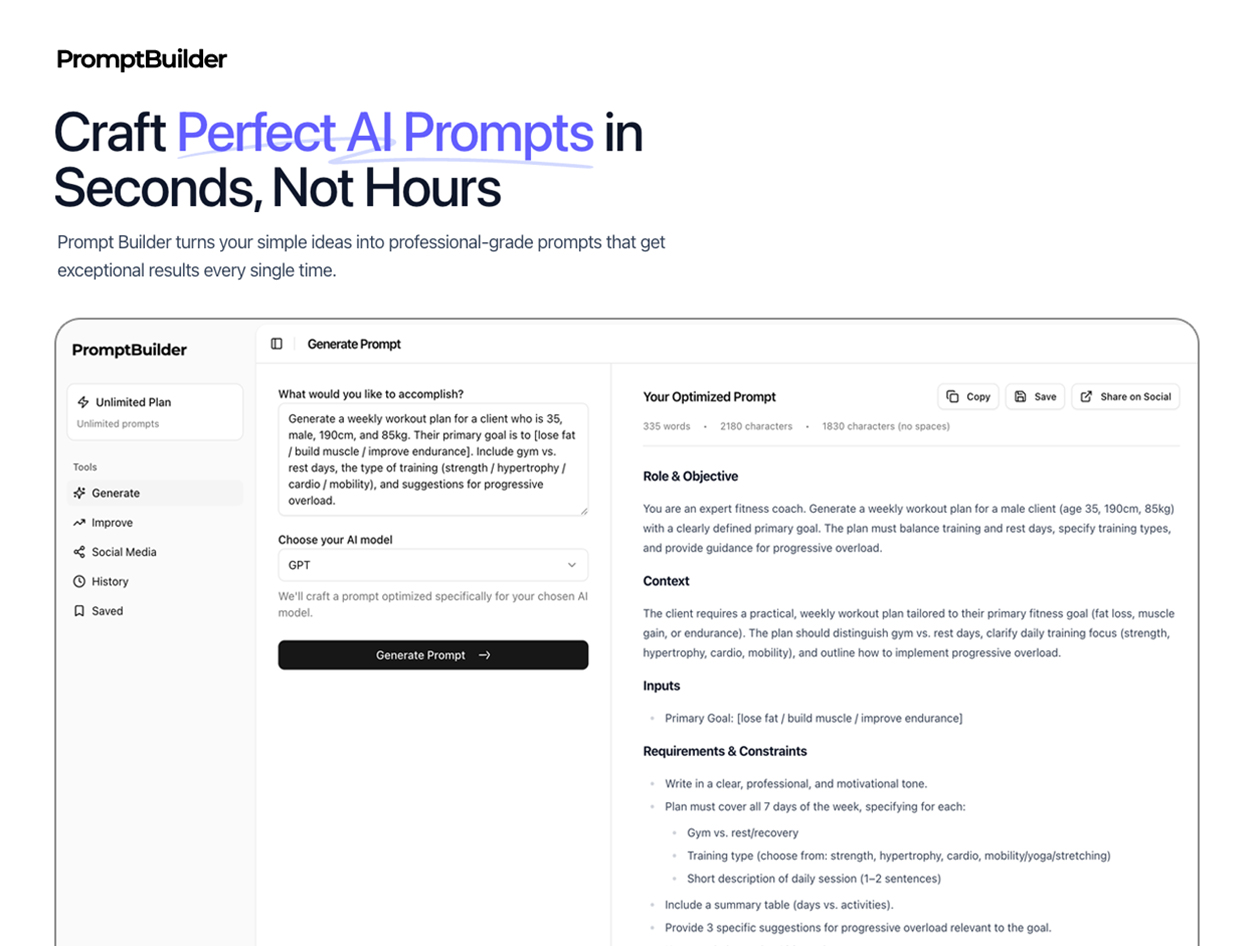 PromptBuilder - AI Prompt Engineer: Lifetime Subscription (Unlimited Plan)