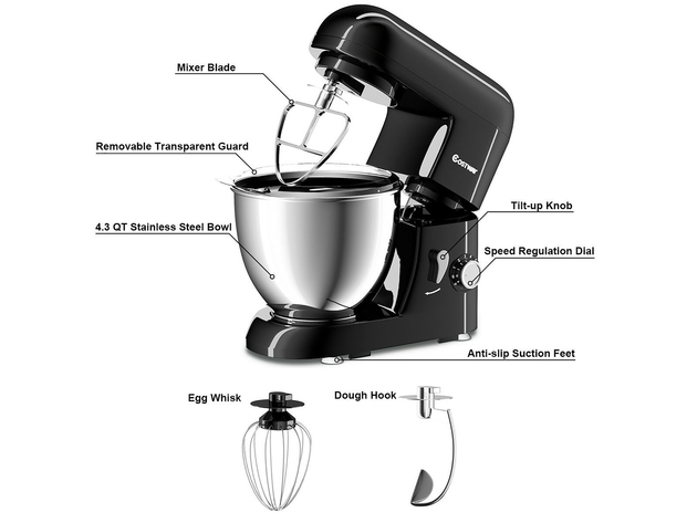 Costway Electric Food Stand Mixer 6 Speed 4.3Qt 550W Tilt-Head Stainless Steel Bowl New - Black