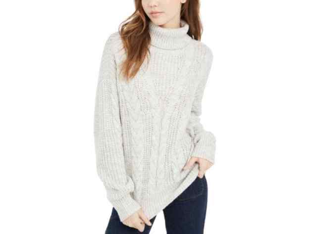 Crave Fame Juniors' Women's Turtleneck Cable Knit Sweater Silver Size Extra Small