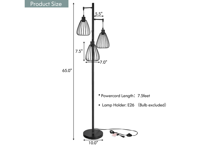 Costway Industrial Floor Lamp Standing Tree Lamp with 3 Elegant Cage Heads - Black