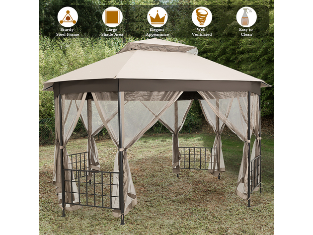 Costway 10'x12' Patio Gazebo Canopy Shelter Double Top Netting Sidewalls Beige