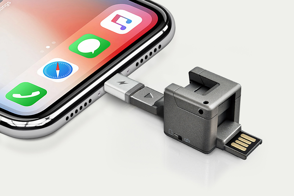 The WonderCube Pro plugged into an iPhone