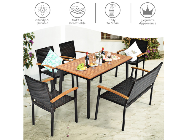 Costway 6 PCS Patio Rattan Dining Set Acacia Wood Table Stackable Chair Bench - Brown