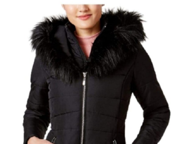 Maralyn & Me Juniors' Women's Faux-Fur-Trim Hooded Puffer Coat Black Size Small