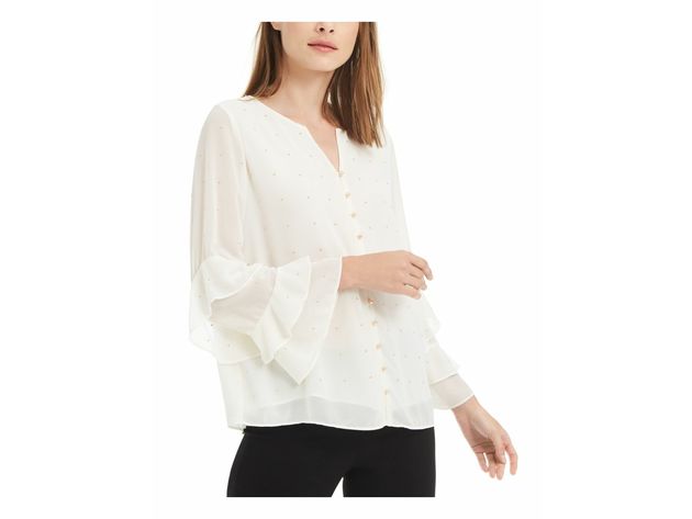 Alfani Women's Petite Embellished Bell Sleeve Button Up Top White Size Petite