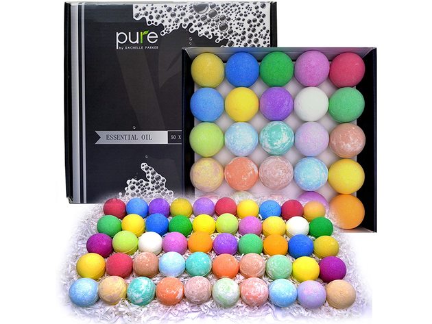 PURE 50 Natural Bath Bombs Gift Set. Essential Oils, Moisturizing, Sulfate Free