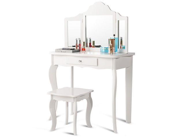 Costway Vanity Table Set Makeup Dressing Table Stool Mirror - White