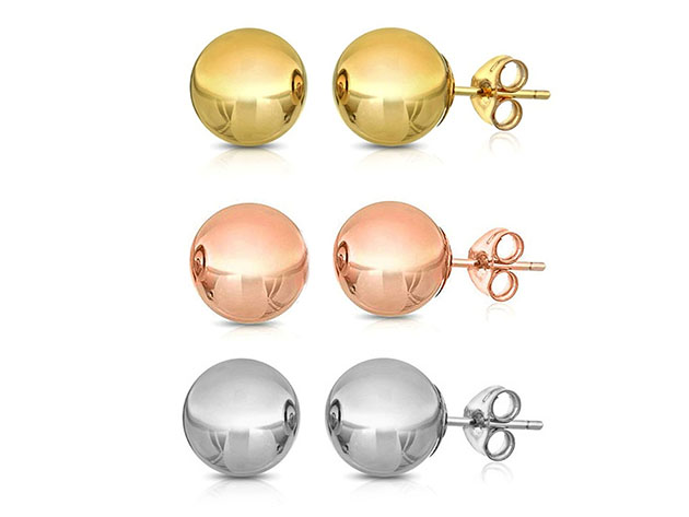 18K Gold Plated Tri-Color 6mm Ball Stud Earrings: Set of 3 Pairs