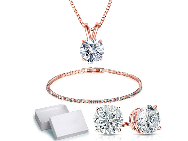Solitaire 3-Piece Jewelry Set with Swarovski Crystals (Rose Gold)