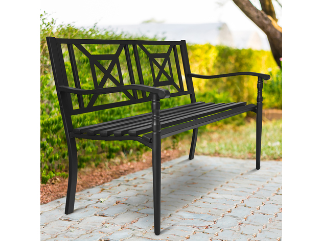 Costway Patio Garden Bench Steel Frame Park Yard Outdoor Furniture Porch Chair Black