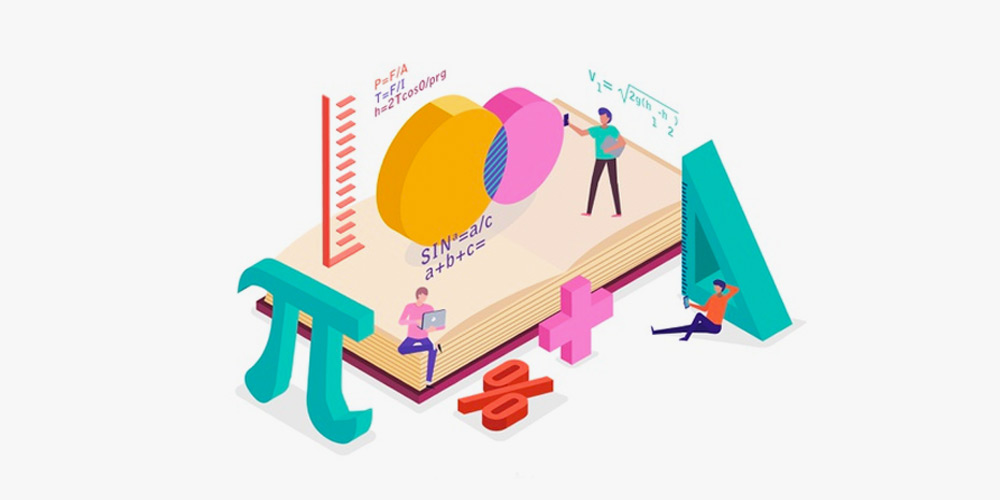 A colorful illustration showing people working on complex math problems