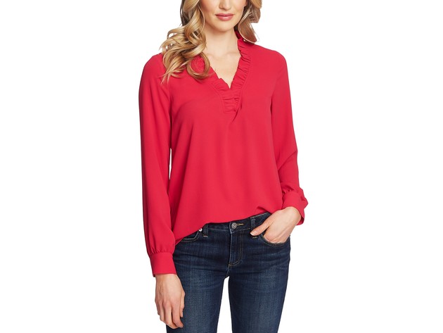Cece Women's Ruffle V-Neck Long Sleeve Blouse Red Size Small