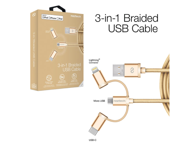 Naztech Braided 3-in-1 Hybrid USB Cable for USB-C, Lightning, and Micro USB devices (Gold)