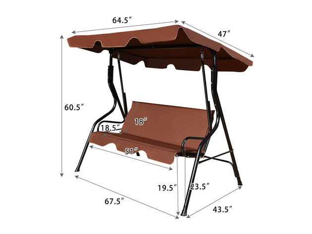 Costway 3 Seat Patio Canopy Swing Glider Hammock Cushioned Steel Frame Backyard Coffee - Coffee