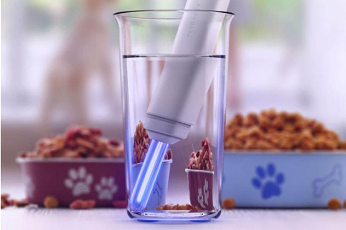 A sterilizing tool in water, with two bowls of dog food in the background. 