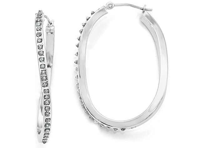 Accent Diamond Oval Hoop Twist Earrings in 14K White Gold