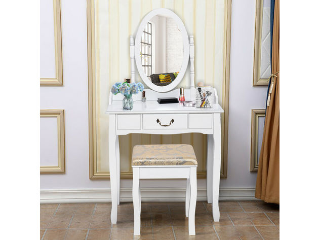 Costway Vanity Table Jewelry Makeup Desk Bench Dresser Stool White