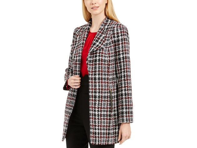 Calvin Klein Women's Petite Tweed Plaid Topper Jacket Red Size 12