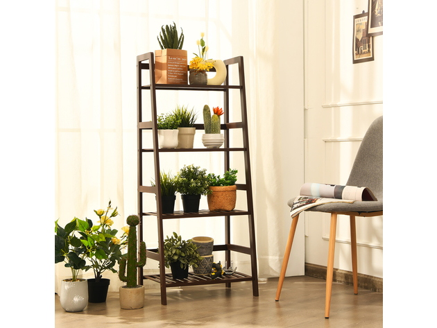 Costway 4-Tier Bamboo Ladder Shelf Plant Display Stand Rack Bookshelf - Dark Brown