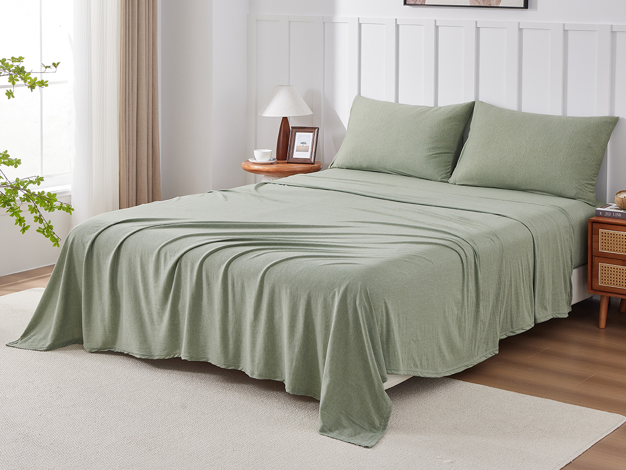 Kathy Ireland 4 Piece Heathered Jersey Knit Cotton Sheet Set (Queen/Olive)