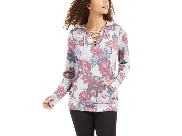Ideology Women's Floral-Print Lace-Up Hoodie Gray Size Small