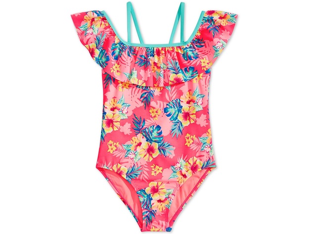 Breaking Waves Big Girls 1-Pc. Printed Flounce Swimsuit Neon Size 10"