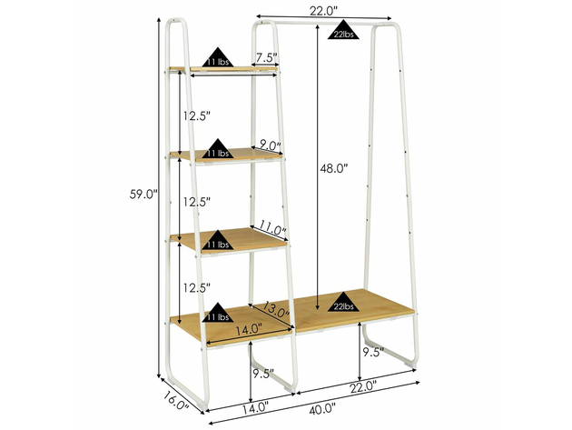 Costway Metal Garment Rack Free Standing Closet Organizer with 5 Shelves Hanging Bar (White & Natural)