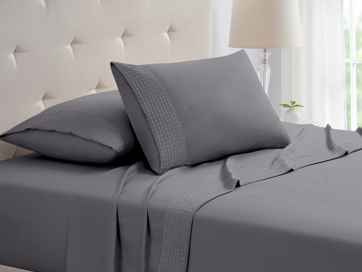 4-Piece Bamboo Blend Waffle Hem Sheet Set (Gray/King)