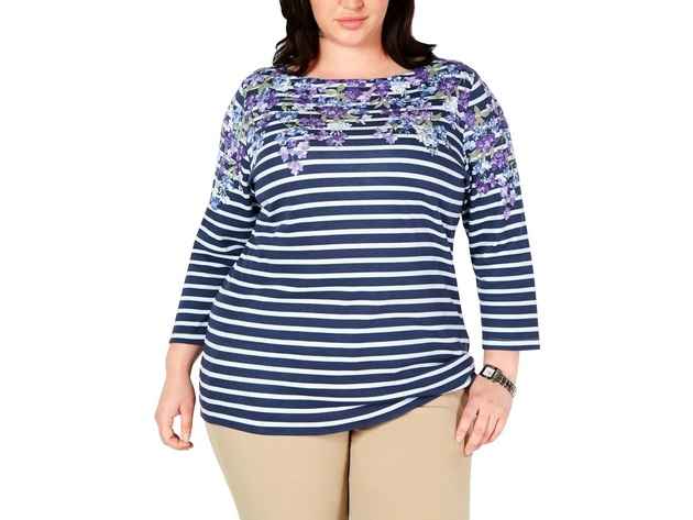Karen Scott Women's Plus Size Mixed-Print 3/4-Sleeve Top Blue Size 3 Extra Large