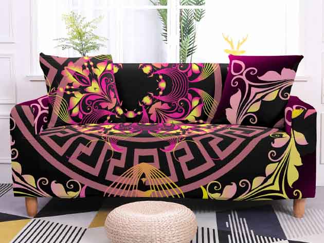  Elastic Sofa Cover for L.R. Mod Sectional Corner Sofa (Black/Pink, 4-Seater)