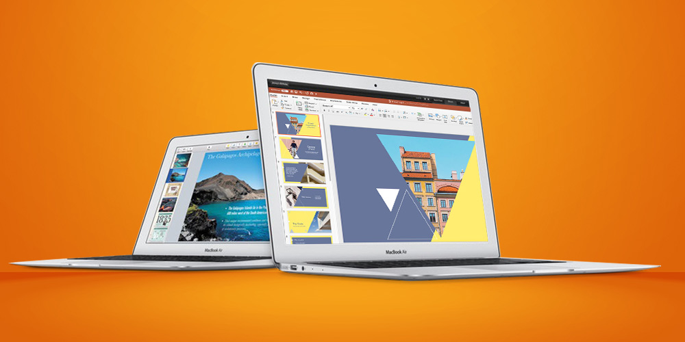 Two MacBook Air laptops on a bright orange background 
