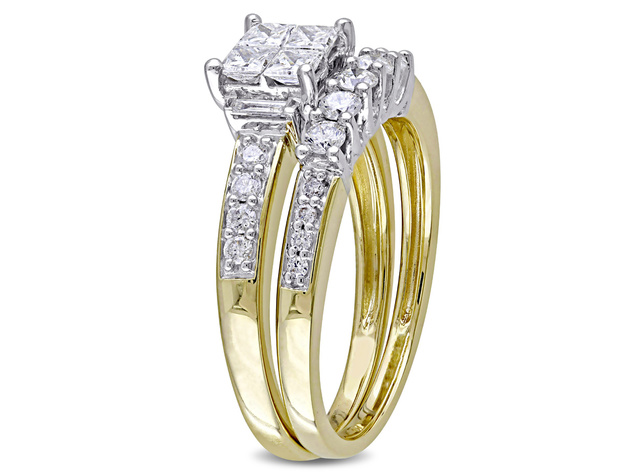 Princess Cut Diamond Engagement Ring & Wedding Band Set 1.0 Carat (ctw Color H-I Clarity I2-I3 ) in 14K White & Yellow Gold - 10