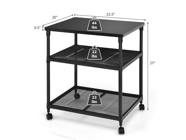 Costway 3-Tier Printer Stand Rolling Fax Cart w/ Adjustable Shelf & Swivel Wheel - Black