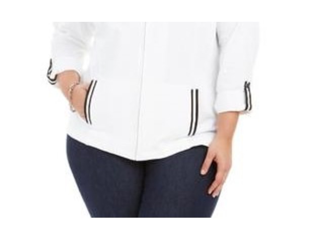 Karen Scott Women's Sport French Terry Ribbon-Trim Jacket White Size Mediunm