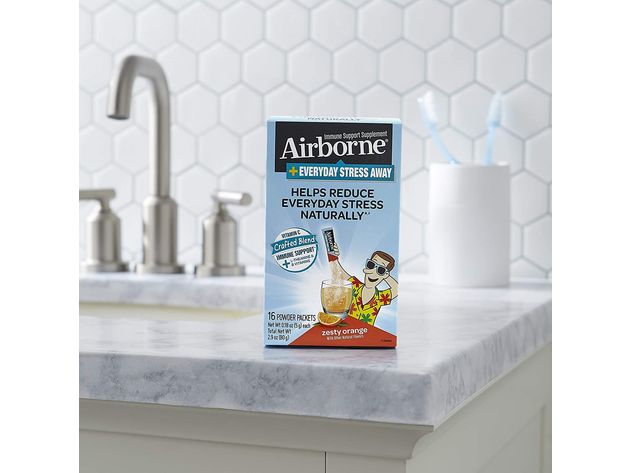 Airborne Stress Away Immune Support Supplement Zesty Orange Powder Packets, 16 Count