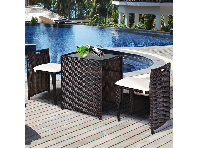 Costway 3 Piece Outdoor Patio Rattan Furniture Set Space Saving Garden Deck W/Cushion Brown