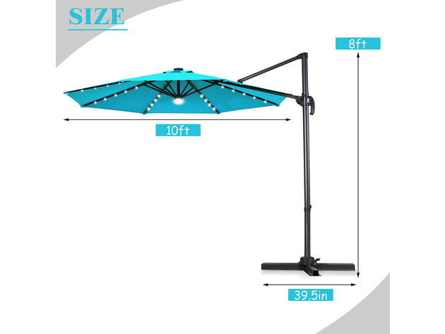 10ft Solar LED Cantilever Offset Patio Umbrella 360dgrees Rotation Aluminum - Turquoise